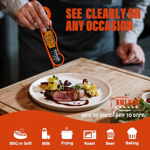 AWLKIM Meat Thermometer Digital, Instant Read Food Thermometer, Orange | Waterproof cooking thermometer with doneness chart, backlight, F/C switch for BBQ, candy, oil - color: Orange