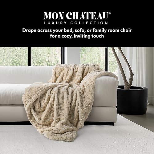 Mon Chateau 60" x 70" Crest Faux Fur Throw, Sandstone Jacquard | Cozy Layer Comfort For Couch, Bed Or Chair. Lightweight Polyester Fabric With Easy Machine Wash Care - color: Sandstone Jacquard