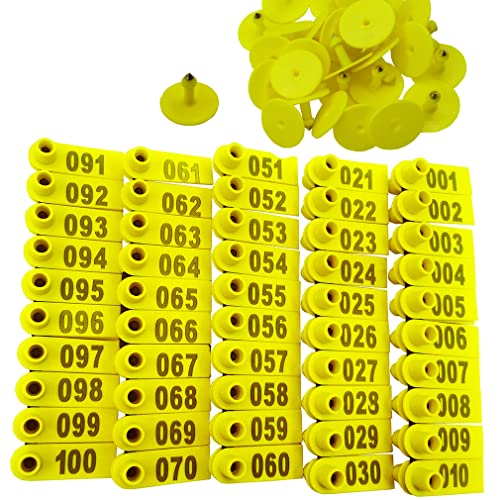 100PCS 001-100 Number Plastic Livestock Ear Tags Farm Animal Tags ID Tags Pink Green Blue Ear Tagger for Cow Cattle Sheep Goats Pigs Hogs Mark Label (Yellow) - color: Yellow