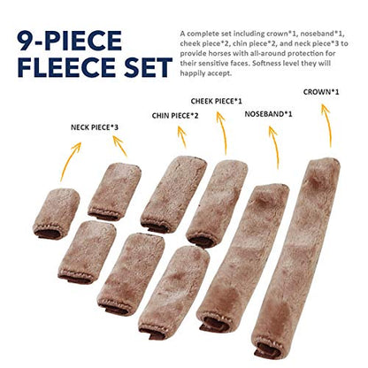 Harrison Howard Horse Halter Fleece Cover Set – Full Coverage Anti-Rub Halter Covers for Horses, Noseband, Chin & Crown Protection, 9-Piece Padding Set Brown - color: Brown