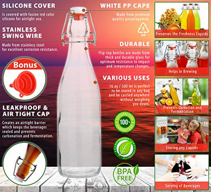 AYL Flip Top Glass Bottle [16 fl. oz./Pack of 6]– Swing Top Brewing Bottle with Stopper for Beverages, Oil, Vinegar, Kombucha, Beer, Water, Soda, Kefir – Airtight Lid & Leak Proof Cap – Clear - size: 16