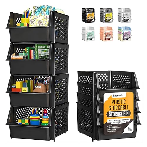 Skywin Stackable Storage Bins Open Front for Pantry Storage, 4 Pack - Black - color: Black, size: 4 Pack