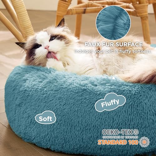 Bedsure Calming Cat Beds Donut Round Washable Kitten Bed,20 inches | Fluffy Faux Fur Cuddler,Anti-Slip Bottom,Anti-Anxiety,Deep Sleeping for Cats&Small Pets Up to 15 Lbs,Washed Blue - color: Washed Blue, size: 20"L x 20"W x 6"Th