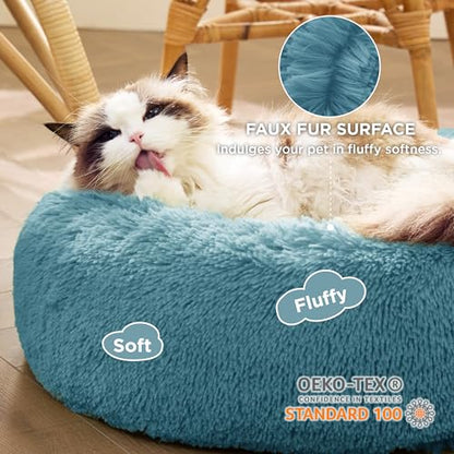 Bedsure Calming Cat Beds Donut Round Washable Kitten Bed,20 inches | Fluffy Faux Fur Cuddler,Anti-Slip Bottom,Anti-Anxiety,Deep Sleeping for Cats&Small Pets Up to 15 Lbs,Washed Blue - color: Washed Blue, size: 20"L x 20"W x 6"Th