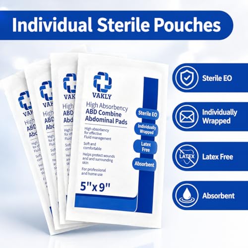 Vakly Sterile Abdominal ABD Combine Pads 5x9, High Absorbency Gauze, 20 Pk | Non-adherent, wound dressing, first aid pads, surgical pads, post op care, trauma pads, individually wrapped, heavy drainage