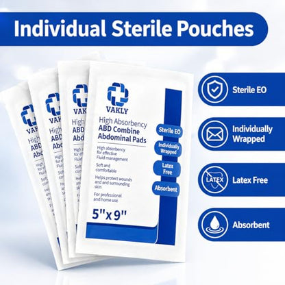 Vakly Sterile Abdominal ABD Combine Pads 5x9, High Absorbency Gauze, 20 Pk | Non-adherent, wound dressing, first aid pads, surgical pads, post op care, trauma pads, individually wrapped, heavy drainage