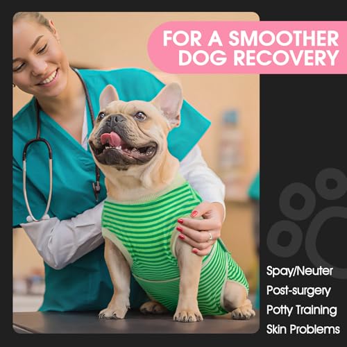 FUAMEY Dog Recovery Suit Male,Dogs Surgery Neuter Suits Puppy Spay Shirts for Female Protect Dog's Skin Anti Licking Abdominal Wounds Doggie Onesie Pet Bodysuit Alternative to Cone Green Stripes XS - color: Green Stripes, size: Xs(back:8.3-11.4in,wt:4-7lb