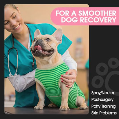 FUAMEY Dog Recovery Suit Male,Dogs Surgery Neuter Suits Puppy Spay Shirts for Female Protect Dog's Skin Anti Licking Abdominal Wounds Doggie Onesie Pet Bodysuit Alternative to Cone Green Stripes XS - color: Green Stripes, size: Xs(back:8.3-11.4in,wt:4-7lb