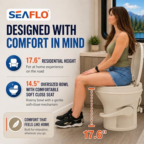SEAFLO Bone RV Toilet, Residential Height 18.4", Gravity Flush Foot Pedal, Soft Close Seat, Camper Toilet for RV Motorhome Travel Trailer, Parchment, SFRTPH-02-01, 4-Year Warranty - color: Bone