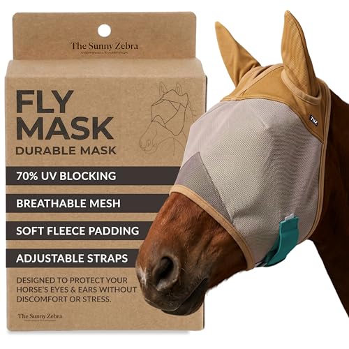 TSZ Horse Fly Mask with Ears Cover - UV Block 70% Breathable Mesh Flymask | Fly Masks for Horses, Durable Fly Control Mask, Comfortable All-Day Protection for Equines. Fleece Padding, Adjustable Straps - size: Horse