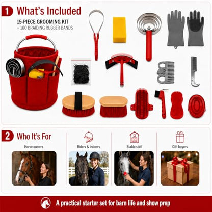 Horse Grooming Kit, 15-Piece Horse Brush Set with Red Tote Bag, Long Shedding Blade, Hoof Pick, Curry Comb, Sweat Scraper, Mane and Tail Comb, Gloves, Equine Grooming Supplies - color: Red