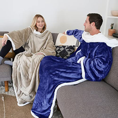 Catalonia Sherpa Wearable Blanket with Sleeves and Pocket for Adults - color: Blue, size: Standard Pocket