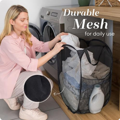 Handy Laundry Collapsible Mesh Pop-Up Hamper with Side Pocket - color: Black, 1-PACK