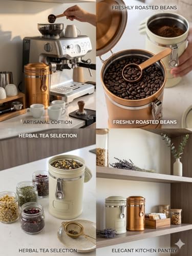 PRINCE G Airtight Coffee Canister with Scoop – Premium Stainless Steel Coffee Storage Container – Light Blocking Vacuum Seal – Keeps Coffee Beans Fresh – 9.1 oz – Bronze - color: Bronze