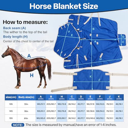 Turnout Horse Blankets Care Sheets, Blue 1800D Waterproof Breathable 320 Gram Filling (US 72 in(EU 135 cm)) - size: US 72 in(EU 135 cm)