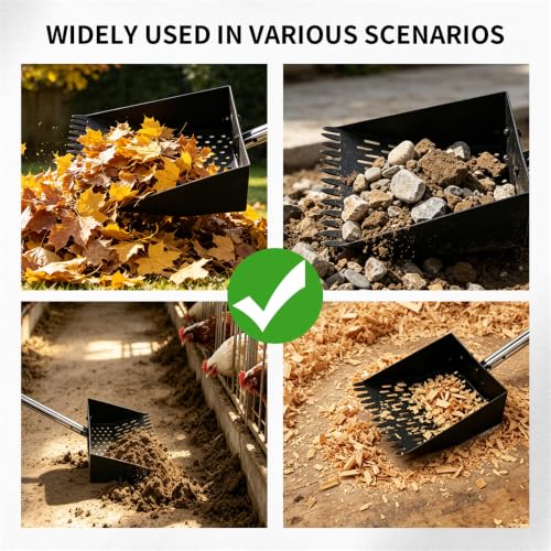 2-in-1 Chicken Poop Scooper & Rake, Telescopic Stainless Steel Handle, Multifunctional Chicken Coop Cleaner for Sand, Bedding and Manure Cleaning