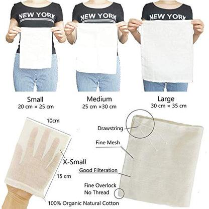 AUXIN Nut Milk Bags, 100% Cotton Cheesecloth Bags, Yogurt/Coffee/Tea Strainer, Reusable Almond/Oat Milk, Juice, Cold Brew Coffee, Food Grade, Reusable Washable Strainer (Mixed Size, 5 Pack) - size: Mixed Size, 5 Pack
