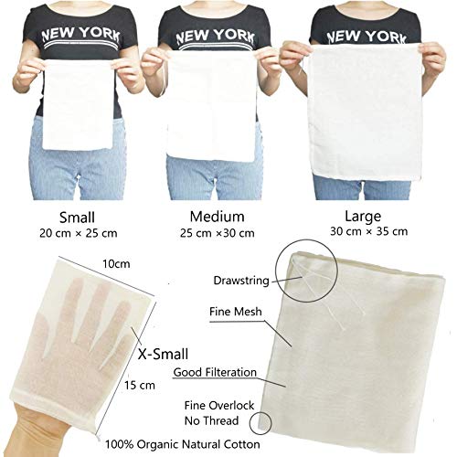 AUXIN Nut Milk Bags, 100% Cotton Cheesecloth Bags, Yogurt/Coffee/Tea Strainer, Reusable Almond/Oat Milk, Juice, Cold Brew Coffee, Food Grade, Reusable Washable Strainer (Mixed Size, 5 Pack) - size: Mixed Size, 5 Pack