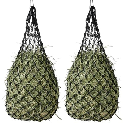 2-Pack Heavy Duty Hay Bags, Slow Feeder for Horses & Goats with 2-Inch Holes, Adjustable Drawstring Hay Net to Reduce Waste & Improve Digestion for Stall, Trailer, Pasture