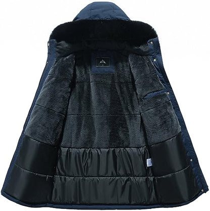 MOERDENG Women's Long Winter Down Coat Thicken Fleece Lined Puffer Jacket | Faux Fur Detachable Hood Parka Warm,Waterproof and Windproof Overcoat - color: Navy, size: Medium