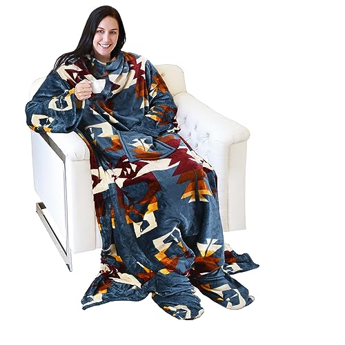 Catalonia Wearable Blanket with Sleeves & Foot Pocket for Adults - color: Southwest Blue, size: Fleece