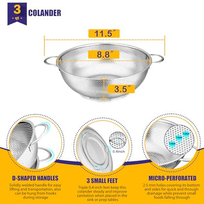 E-far Stainless Steel Colander, 3-Quart Micro-Perforated Metal Colander Strainer with Handle for Kitchen/Draining Pasta/Rinsing Vegetables Fruits, Heavy Duty & Dishwasher Safe - 8.8 Inches - size: 3 QT