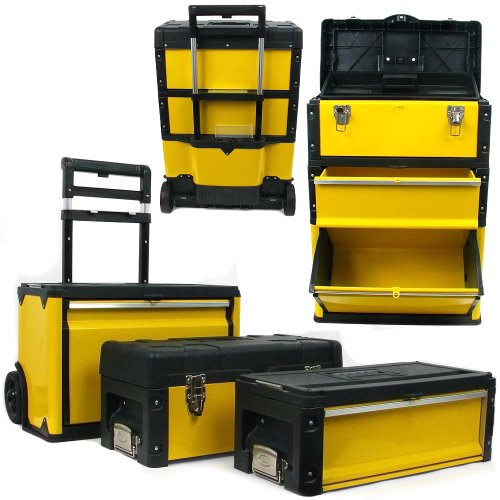 Portable Tool Box on Wheels - Stackable 3-in-1 Chest for Workshops and Craft Rooms - Foldable Comfort Handle and Latches by Stalwart (Black/Yellow) - style: 3-in-1