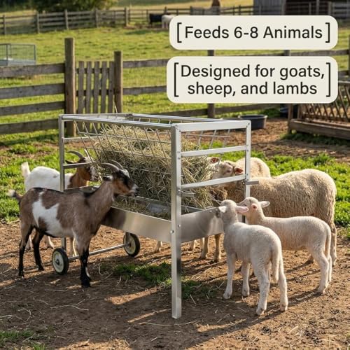 Heavy Duty 2-in-1 Goat Feeder, Hay and Grain Livestock Feed Trough with Wheels, Mobile Feeding Station for Goats Sheep in Pasture or Barn