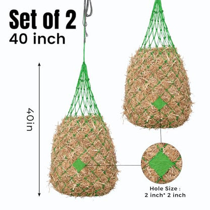 Slow Feed Hay Nets for Horses, 2 Pack, 40 Inch, 2 Inch Holes,Green - color: Green