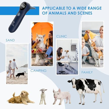 Pet Ear Thermometer for Dogs, Cats, and Livestock, Long Probe Designed, ℃/ ℉ Convert and Sound Switch Dedicated Button, 1 Second Measurement, 20 pcs Pet Swabs Included(Blue)