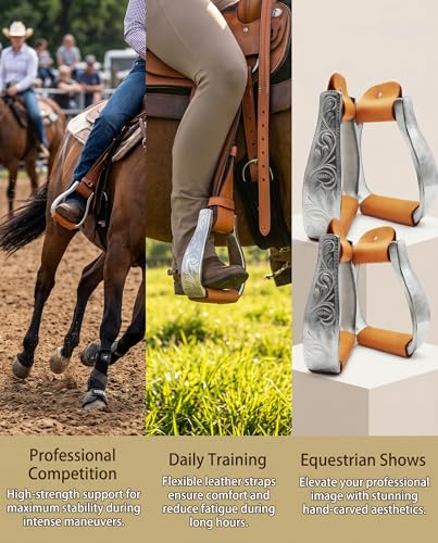 5" Western Horse Riding Stirrups Hand Carved Lightweight Aluminum Stirrups with Saddle Belt,Genuine Leather wrapping-MP1134