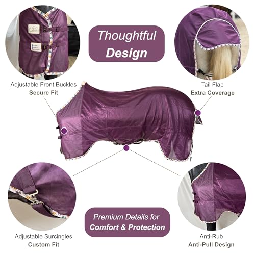 BARN & STABLE Breathable and UV Protective Tear-Resistant Mesh Horse Fly Sheet Comfy Equine Summer Sheet with Removable Web Leg Straps - color: Dark Purple, size: 81 in