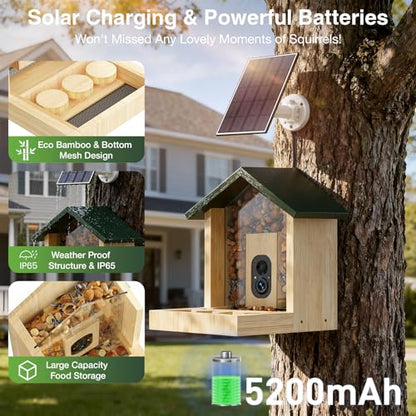 Wooden Squirrel Feeder with Camera, Solar-Powered, 2K HD+ Video | Cloud Storage, Large Capacity, Ideal for Squirrel Lovers