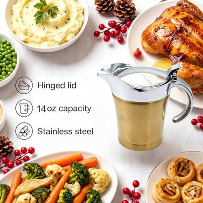 Double Insulated Gravy Boat - Stainless Steel Sauce Jug with Hinged Lid Hinged Lid Ideal for Gravy or Cream at Thanksgiving (450ML/16 OZ Gold plating) - color: 450ML/16 OZ Gold plating