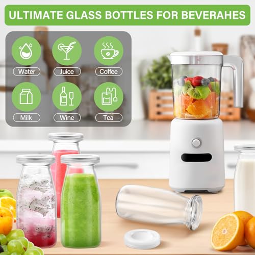 12 Pack 200ml Glass Milk Bottles with Lids - Vintage Breakfast Shake Containers Reusable Small Milk Jars, Mini Party Bottles Clear Glass Juice Bottle with 24 Labels for Parties, Weddings, Picnics