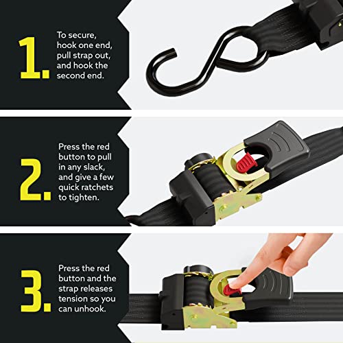DC Cargo Mall Auto Retractable Ratchet Straps (4-Pack) 2” x 10ft, Heavy Duty, 3,033lb Break Strength – Tie Down Straps for Cargo, Truck, Trailer, Boats - size: 2 (Pack of 2)