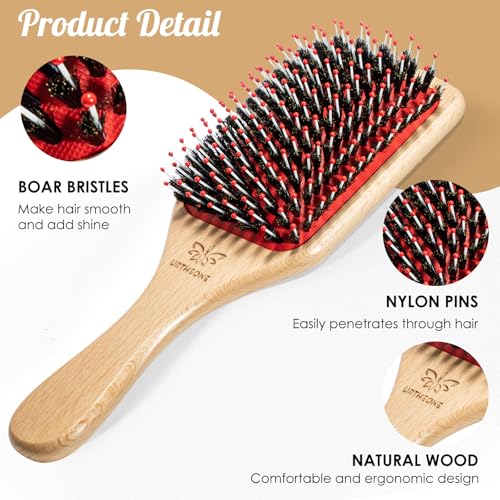 URTHEONE Hair Brush,Boar Bristle Hair Brushes and Hair Comb Set for Women Men Kids, Best Natural Wooden Paddle Hairbrush for Wet or Dry Hair - color: Red