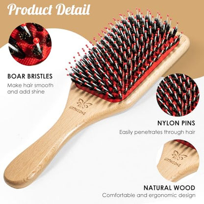 URTHEONE Hair Brush,Boar Bristle Hair Brushes and Hair Comb Set for Women Men Kids, Best Natural Wooden Paddle Hairbrush for Wet or Dry Hair - color: Red