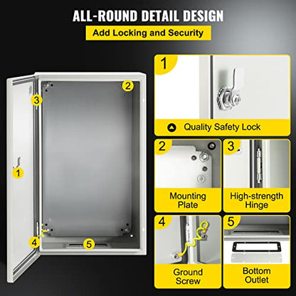 VEVOR NEMA Steel Enclosure, 20 x 12 x 10'' NEMA 4X Steel Electrical Box, IP66 Waterproof & Dustproof, Outdoor/Indoor Electrical Junction Box, with Mounting Plate - size: 20 x 12 x 10