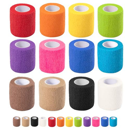 12 Pack Self Adhesive Bandage Wrap, 2 in x 5 Yards Vet Wrap Tape Mix Colors | Non-Woven Self Adherent Cohesive Bandage for Thumb, Finger, Wrist, Knee, Ankle - color: Mix Colors