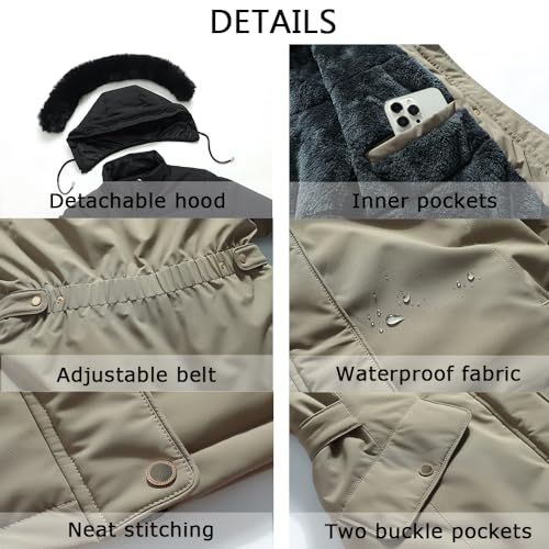 MOERDENG Women's Long Winter Down Coat Thicken Fleece Lined Puffer Jacket | Faux Fur Detachable Hood Parka Warm,Waterproof and Windproof Overcoat - color: Khaki, size: Small