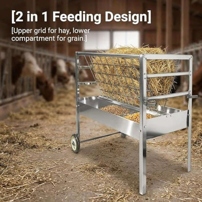 for Goats Sheep and Lambs Livestock Feeder, 2 in 1 Hay and Grain Freestanding Unit, Galvanized Steel Farm Feeder for Barn Pasture, Multi-Species Feeding Station