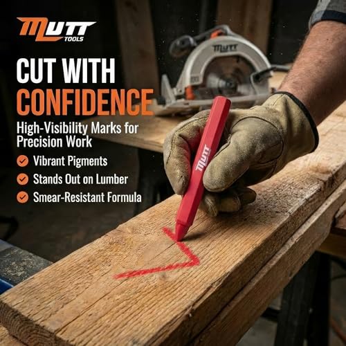 Mutt Tools Red Lumber Crayons 12 Pack - Construction Crayon | Red, 12 Pack, Wax Formula, Hexagonal Grip, High Visibility - color: Red