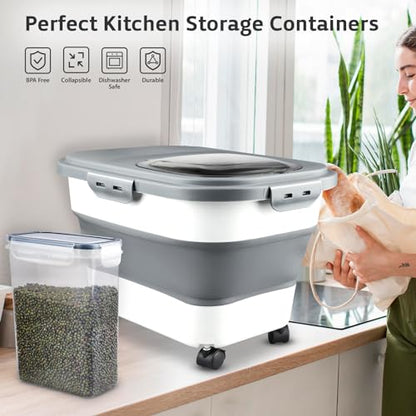 Komzon Rice Storage Containers, Collapsible 20 to 30Lbs Food Storage Bin Dispenser with Rolling Wheel and Clear Airtight Lid, BPA Free Flour, Sugar, Cereal and Dog Cat Pet food Containers - color: White