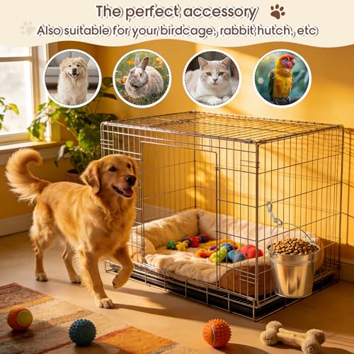 Sieral 2 Pack 3.7 Qt Stainless Steel Sided Bucket with Hook Double Ended Snaps Dog Water Large Food Grade Metal Bucket for Dogs Cats Goat & Livestock Cages Fences Pet Container
