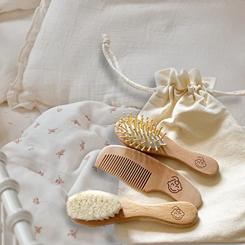Infant Hair Brush and Comb Set for Newborns and Toddlers - Natural Wooden Hairbrush with Soft Goat Bristles for Cradle Cap - Perfect Scalp Grooming Massage for Baby Registry Gift