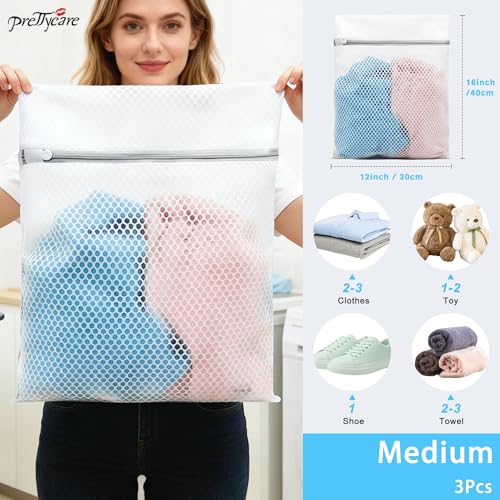 PrettyCare 3 Medium (12 x 16 in) Mesh Laundry Bags for Delicates, Durable Honeycomb Wash Bags with Premium Zippers - Laundry Essentials Mesh Bags for Lingerie, Bras, Socks, Sweater, Travel & Organize - size: Medium