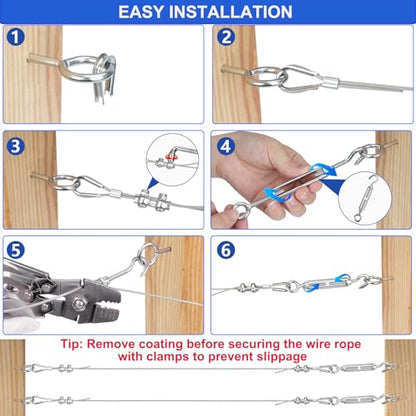 TooTaci 1/16 Wire Rope Kit, 50ft Vinyl Coated 304 Stainless Steel Cable - style: 50ft 1/16" Wire Rope with Clamps