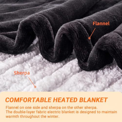 Heated Blanket Electric Throw, 50"x60" Soft Flannel Heating Blanket with 8 Hours Auto Off 10 Fast Heating Levels Machine Washable Sherpa Heated Throw Blanket with Overheating Protection - color: Black, size: Throw(50" x 60")