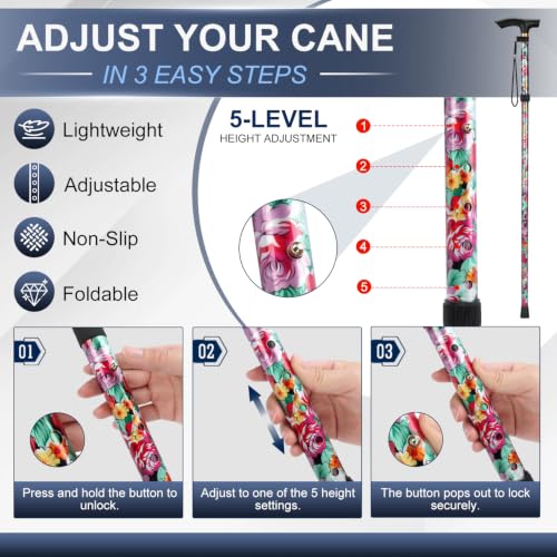 supregear Folding Cane, 5-Level Adjustable Height Walking Stick Lightweight Collapsible Portable Travel Cane with Wrist Strap and T Handle for Elderly Disabled Men Women - color: Dark Pink Floral